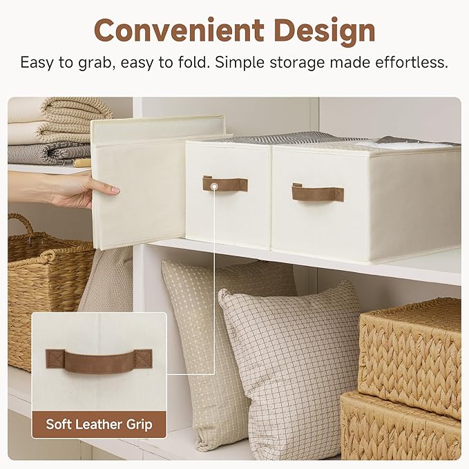 StorageWorks Closet Organizers and Storage Bins, Foldable Shelf Baskets, Clothes Storage Basket for Organization, Ivory White, 3-Pack, Large