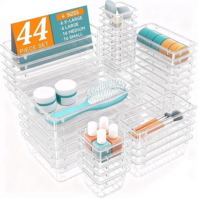 WOWBOX 44 PCS Clear Plastic Drawer Organizer Set, 5 Varied Size storage Bins and Desk Drawer Organizer Trays for Makeup, Gadgets, Jewelry and Utensils in Bathroom, Bedroom and Office, Clear