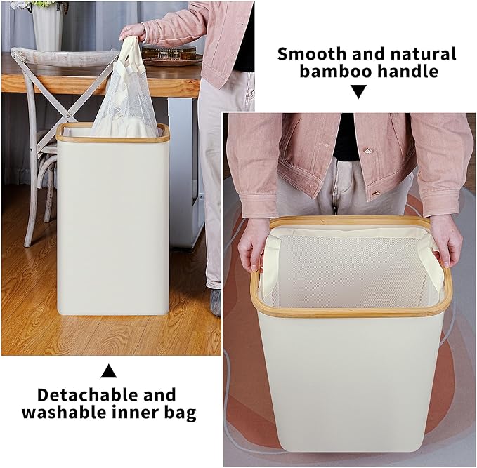 Slim Laundry Hamper,75L Beige Narrow Laundry Basket with Lid,Foldable Clothes Hamper with Bamboo Handles,Hamper Basket with Removable Inner Bag for Laundry Room Bedroom College Dorm