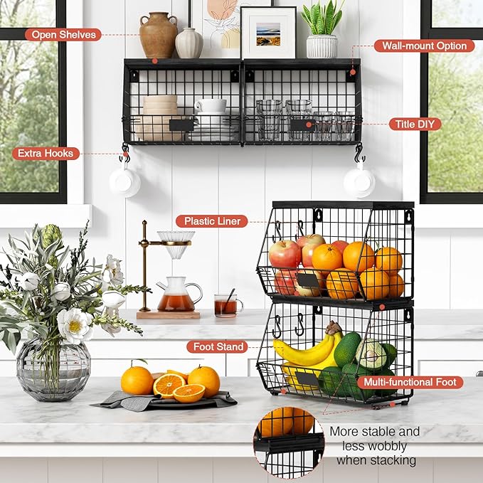 Black Kitchen Wall Hanging Storage Basket Set of 2, Rustic Stackable Kitchen Counter Fruit Organizer, Wire Baskets Container for Veggie, Garlic, Produce, Onion and Potato (Black Shelf)