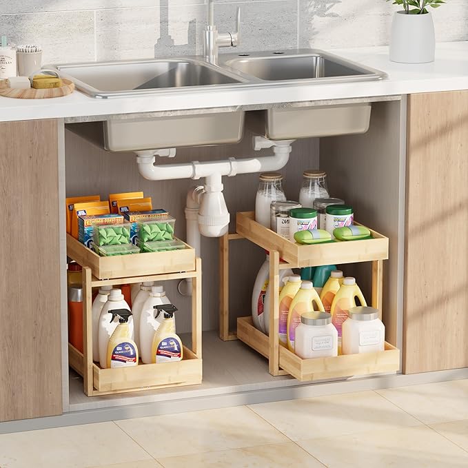 Bamboo Wood Under Sink Organizer 2 Pack, Pull Out Cabinet Organizer 2 Tier Under Sink Organizers and Storage with Sliding Drawer Sturdy Easy Assembly for Kitchen Bathroom (Nature)