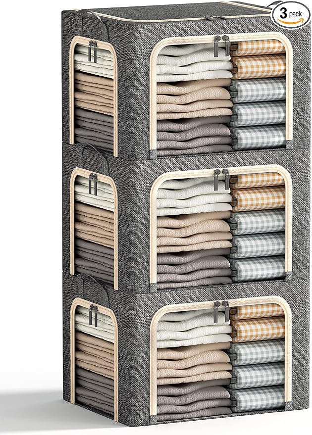 3 Openings Clothes Storage Bins with Metal Frame, Foldable Storage Bin for Clothes, Clothing Storage Bins with Lid, Linen Storage Box With Clear Window＆ Zippers＆ Durable Handles.(3 Pcs,Dark Grey,40L)