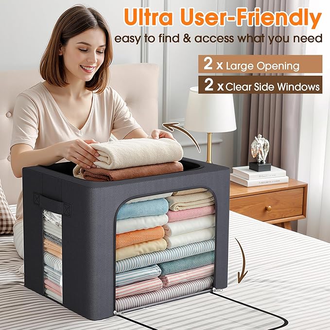 3 Pack Clothes Storage Bins with Metal Frame,40L Storage Bags Fabric Box Organizer with Clear Window,Zippers,Sturdy Handles(3 Pcs,Light Grey,40L)
