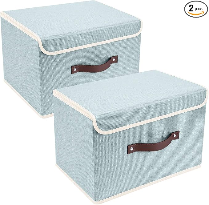 TYEERS Collapsible Storage Boxes, Washable Fabric Storage Bins with Lids, 14.9x9.8x9.8 inches, 2 Pack, Aqua Spring