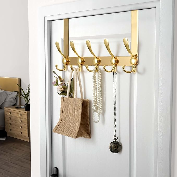 Dseap Over Door Hook 2.0 - Upgraded Version - Simple-Assembly, Strong, Heavy-Duty Stainless Steel 5-Tri-Hook Over The Door Hanger Rack, SimpleStrong Series, Gold, Pack of 2