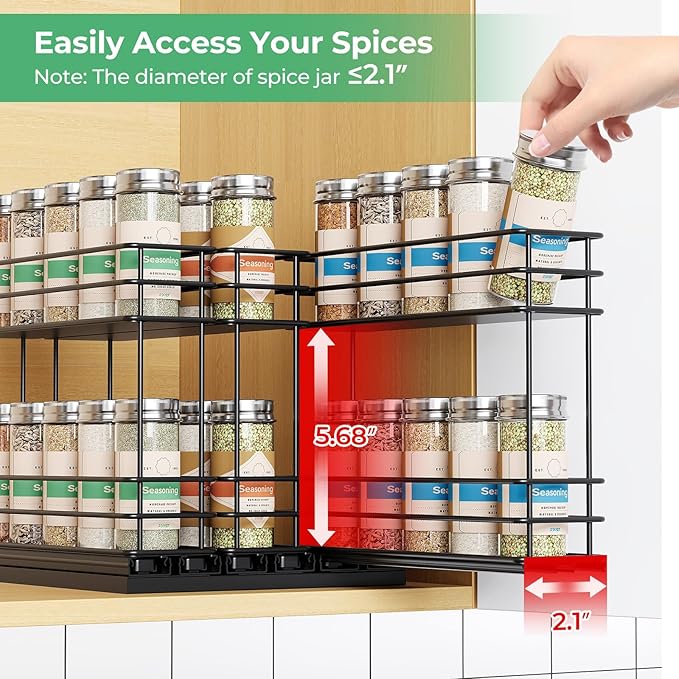 Pull Out Spice Rack Organizer for Cabinet, Slide Out Spice Racks, Easy to Install Spice Cabinet Organizers, 7.4" Wx10.43 Dx8.26 H, 3 Drawers 2 Tiers(Black)