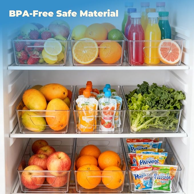 4 Pack Pantry Organizers and Storage, Clear Plastic with 3 Removable Dividers, for Tea Bag, Snack, Seasoning Organizer – BPA Free Perfect in Pantry and Fridge