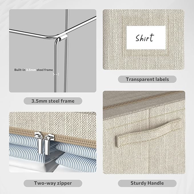 CYhom Clothes Storage Bins Box - Linen Fabric Foldable Stackable Container Organizer Set with Clear Window & Carry Handles & Metal Frame for Bedding, Blankets, Books (Beige, Medium-36L)