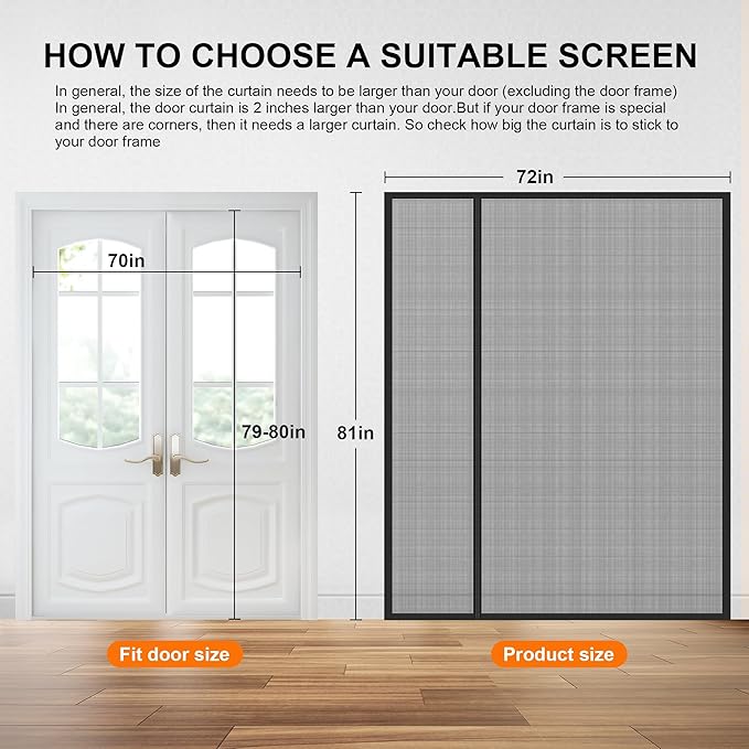 Sliding Magnetic Screen Door with Track Closure, Thicker 265g/㎡ Reinforced Mesh, Retractable Privacy Curtain, Door Screen Magnetic Closure for Sliding & French Doors (Black, 70 * 79-80IN)
