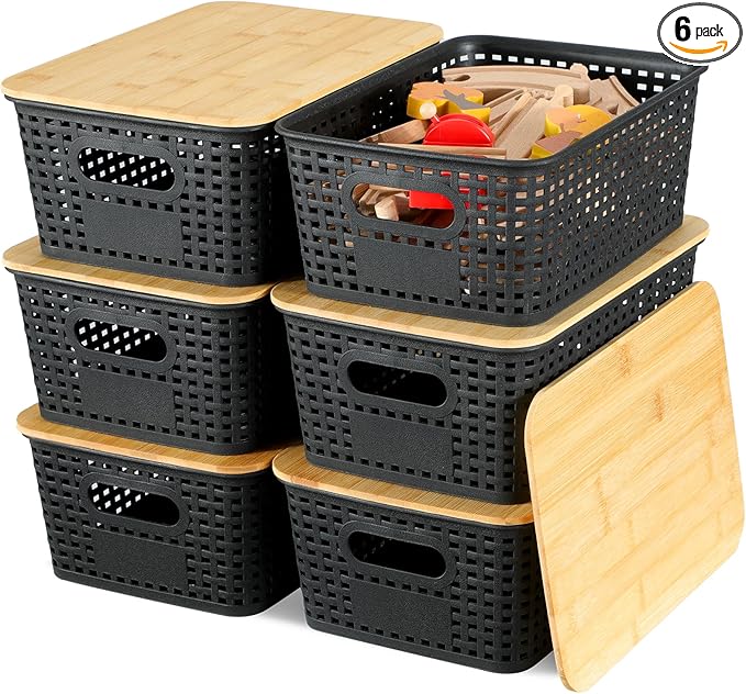 Storage Bins with Bamboo Lids, 6 Pack Plastic Storage Baskets and Storage Containers, Storage Baskets for Organizing Shelves Drawers Desktop Closet Playroom Classroom Office Home, Black