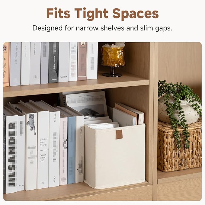 StorageWorks Small Storage Bins, Fabric Storage Bins, Narrow Baskets for Shelves with PU Handle, Perfect for Clothes, Towels, and Light Blankets, Beige, 4-Pack