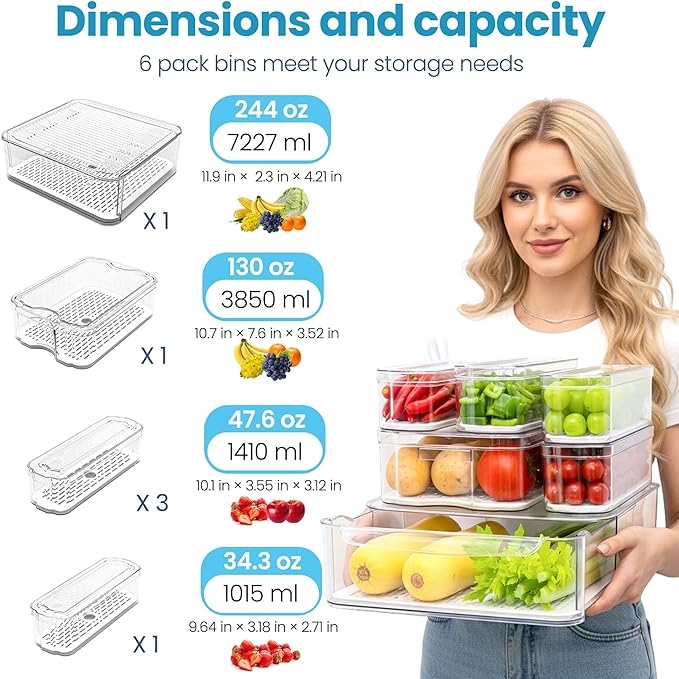 6 Pack Refrigerator Organizers, Clear Pull-out Drawer Container and Organizer Bins with Lids, Stackable Storage Containers for Fruits, Vegetable (Set of 6 (Include Pull Out Drawer))
