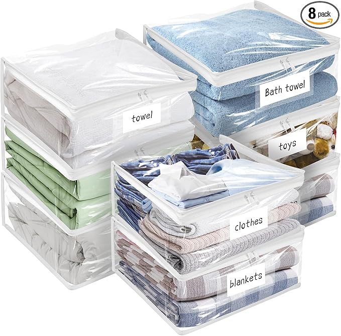 Plastic Storage Bags with Easy-Glide Zipper, Pack of 8, Durable Clear Vinyl Zippered Storage Bags for Clothes Sweaters Comforters Blankets Sheets Bedding (12 x 12 x 3.9 Inch)