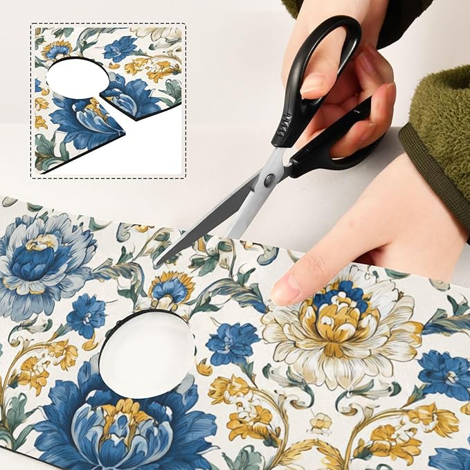 Kitchen Sink Splash Guard 1 PC 14.7 Inch Sink Faucet Mat Splash Guard for Bathroom Countertop Water Absorbent Foldable Cuttable Soft Washable Royal Floral Blue and Yellow Tile