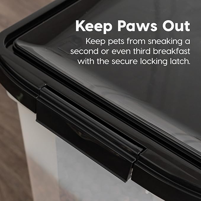IRIS USA Airtight Dog Food Storage Container, WeatherPro, Up to 25 lbs, Removable Wheels, for Dog Cat Bird and Other Pet Food Storage Bin, Keep Fresh, Translucent Body, Made in USA, Clear/Black