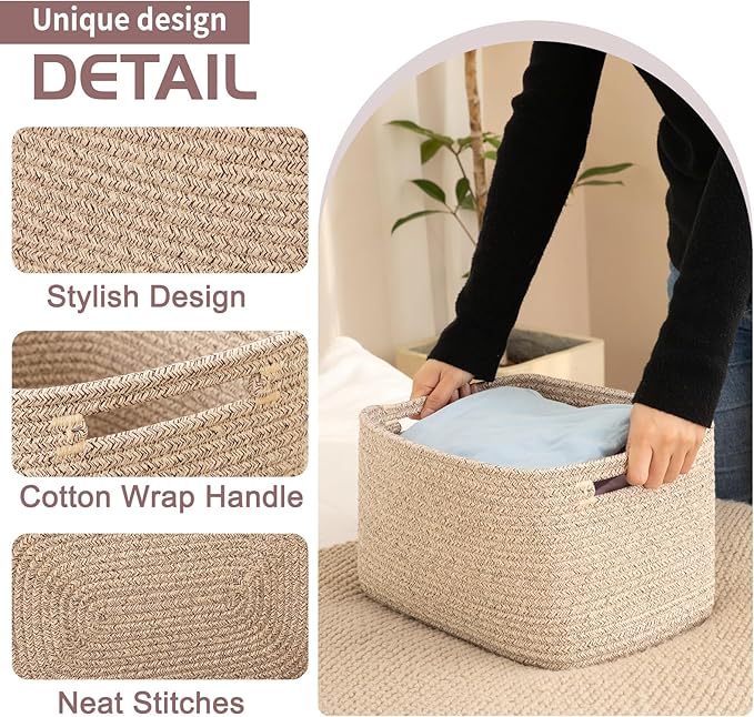 OIAHOMY 4 Pack Storage Baskets for Organizing, Cube Storage Bins for Shelves, Rectangle Storage Baskets With Handles, Woven Baskets for Storage, 16''Lx12''Wx8''H, Brown