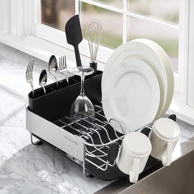 KitchenAid Compact, Space Saving Rust Resistant Dish Rack with Removable Flatware Caddy and Angled Self Draining Drainboard, 16.06-Inch, Black