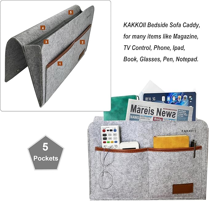 KAKKOII Bedside Caddy, Sofa Caddy, Storage Organizer Pocket for Dorm, Bedroom, 5 Pockets Felt Organizer for Magazine, Remote, Phone, Tablet, Pad, Glasses, Pen, Remote Control (Light Grey-Short)