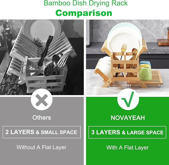 Bamboo Dish Drying Rack with Utensil Holder, Collapsible Wooden Dish Drainer Rack, 3-Tier Large Folding Drying Holder for Kitchen Counter 51 pcs Grid