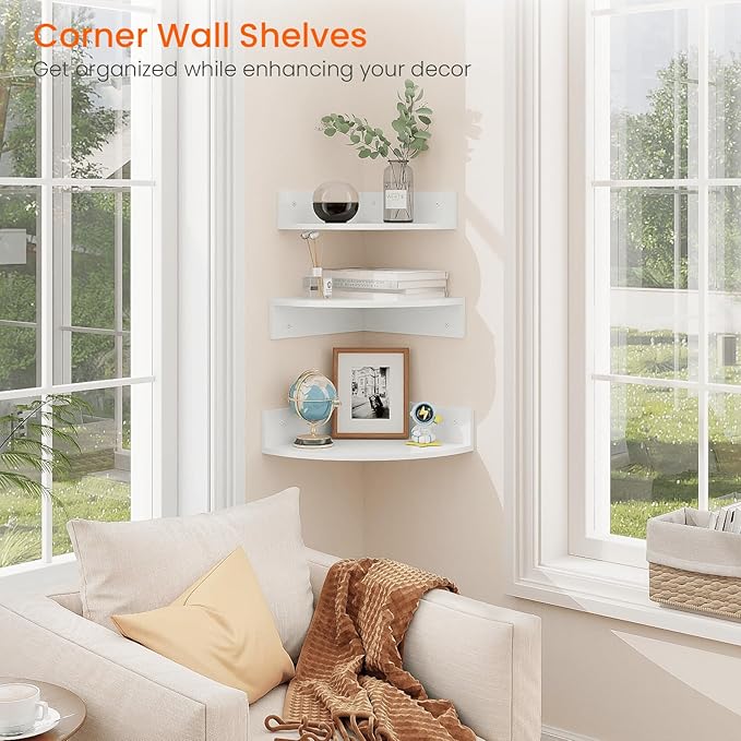 Homode Floating Corner Shelves, Set of 3 Wood Corner Wall Shelves with Wire Hole, 12 Inch Deep Hanging Corner Display Shelf for Living Room, Kitchen, Bedroom, White