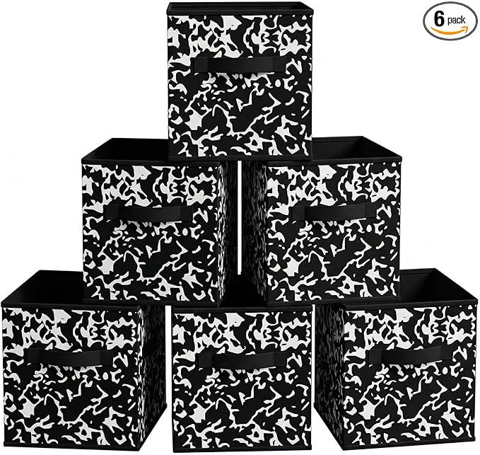 LemonRoad 6 Fabric Storage Cubes 11 Inch Foldable Marble Storage Bins for Organizing Pantry, Toy Box, Clothes Closet Collapsible Baskets for Shelves School Organizing with Handle(Black, Classic Style)