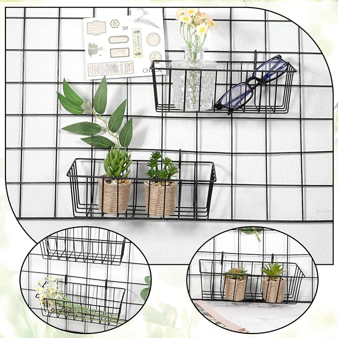 10 PCS Wall Grid Panel Hanging Wire Basket, Storage and Display Basket, No Drilling Wall Hanging Baskets, Grid Walls Accessory, for Kitchen Bathroom Home Decor Supplies, Black