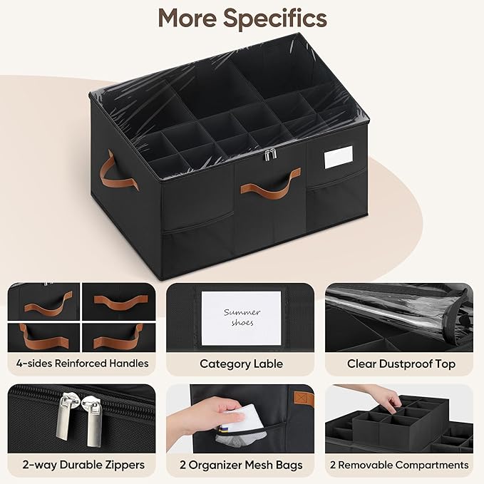 Shoe Organizer for Closet, 1 Pack Shoe Storage Container with Adjustable Dividers, Space Saving Shoe Box Storage Organizer Bin with Clear Lid and 4 Handles, Fits 12-24 Pairs, Black