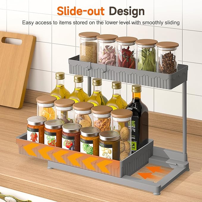 3 Pack Multi-Purpose Under Sink Organizers and Storage, 2026 L-Shaped Pull Out Cabinet Organizer for Bathroom & Kitchen, Under Cabinet Organizer with Hooks Hanging Cup, Grey, 14.85 inch