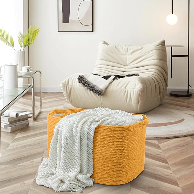 Extra Large Orange Storage Basket, 23.6" x 17" x 12" Rectangle Baskets for Organizing, Blanket Toy Bin Organizer, Colorful Woven Cotton Rope Baskets for Decor