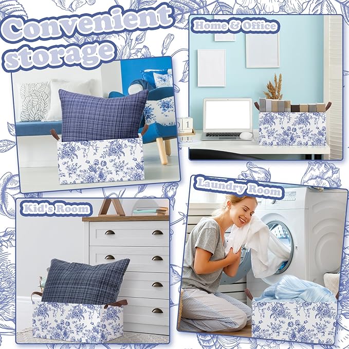 Boao 3 Pcs Blue Floral Storage Bin Wildflowers Collapsible Large Storage Baskets for Gifts Canvas Laundry Basket Foldable Box with Handle for Office Home Bedroom Clothes