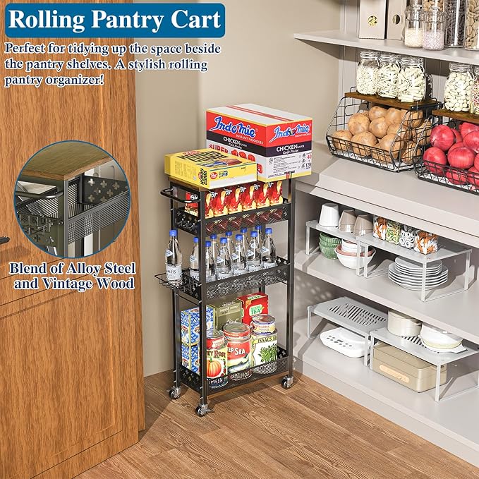 Rolling Slim Storage Cart, 4-Tier Narrow Bathroom Organizers and Storage Cart, Metal Narrow Kitchen Laundry Room Organization Shelf with Wood Top, Slim Utility Cart with Wheels for Small Space