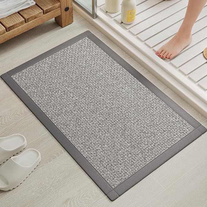 YDKGL Quick Dry Absorbent Bathroom Rugs Mat Non Slip Bath Mat Ultra Thin Bath Mats Bathroom Mat Floor Rubber Backed Fit Under Door Woven Washable Bath Rugs Gray 16x24