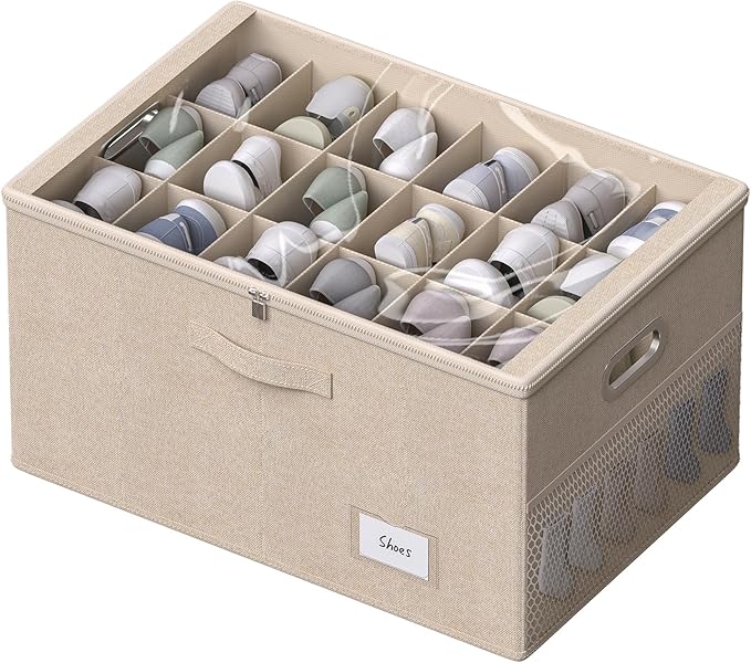 Shoe Organizer for Closet, Shoe Box Storage Containers Fit 18 Pairs Foldable Shoe Storage Bins with Clear Cover & Adjustable Dividers for Shoes Blankets Linen Clothing (Beige, (24.4*16.5*12.9)x1)