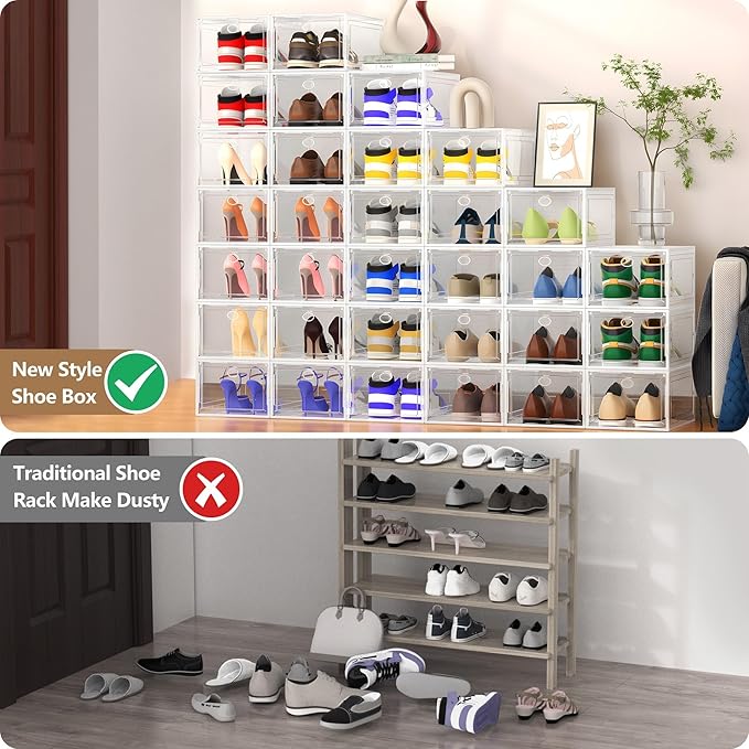 Katoora XX Large Clear Shoe Storage Box Organizer for Closet, 9 Pack Thicken Hard Plastic Stackable Shoe Sneaker Rack Display Case Container Bins Organizer, Easy Assembly, Clear