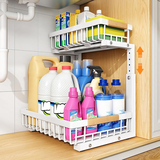 PXRACK 1 Pack Under Sink Organizer,Adjustable Height,2 Tier Pull Out Under Cabinet Organizer,Slide Out Thickened Metal Under Sink Storage for Kitchen Bathroom Laundry Cabinet Pantry,White