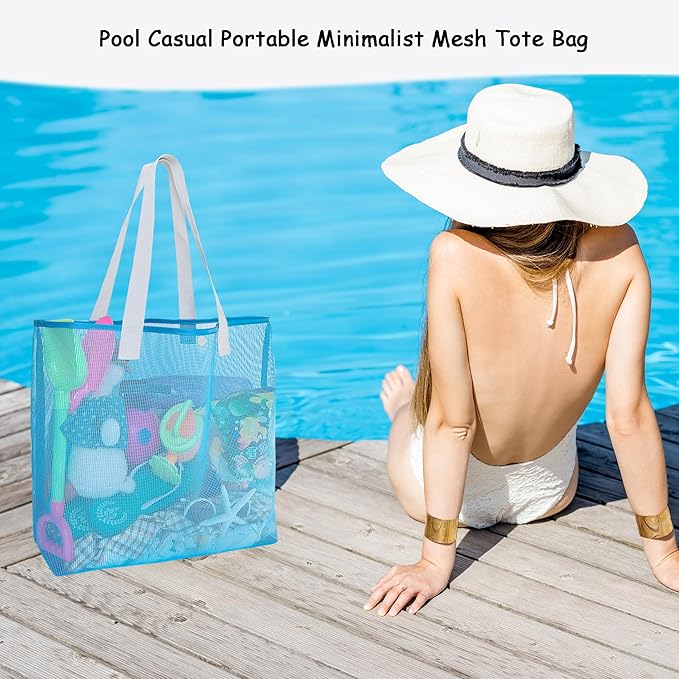 2Pack Large lightweight Simple Mesh Beach Tote Bag With snap Button Reusable Pool Bag for Outdoor Travel Shopping Gym