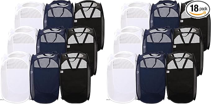 AQQA 9 Pcs Mesh Popup Laundry Hamper Set, Black/White/Blue, Durable Handles, Foldable, Sturdy Mesh Construction, Ideal for Kids, Teens, Adults, College Dorm, Camping, Hotel, Travel (Pack of 2)