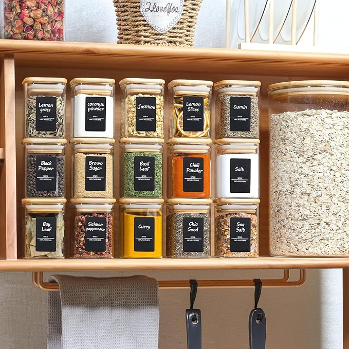 ComSaf 6Pcs 6 oz Spice Jars with Label Trial Set, Glass Spice Jars with Bamboo Lids Supplementary Set, Seasoning Container Trial Pack, Perfect for Ktichen Starter