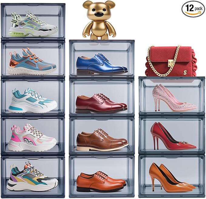 12 Pack Shoe Boxes Size 13 Acrylic Shoe Organizer Clear Storage Box Plastic Stackable Sneaker Display Case with Magnetic Lids