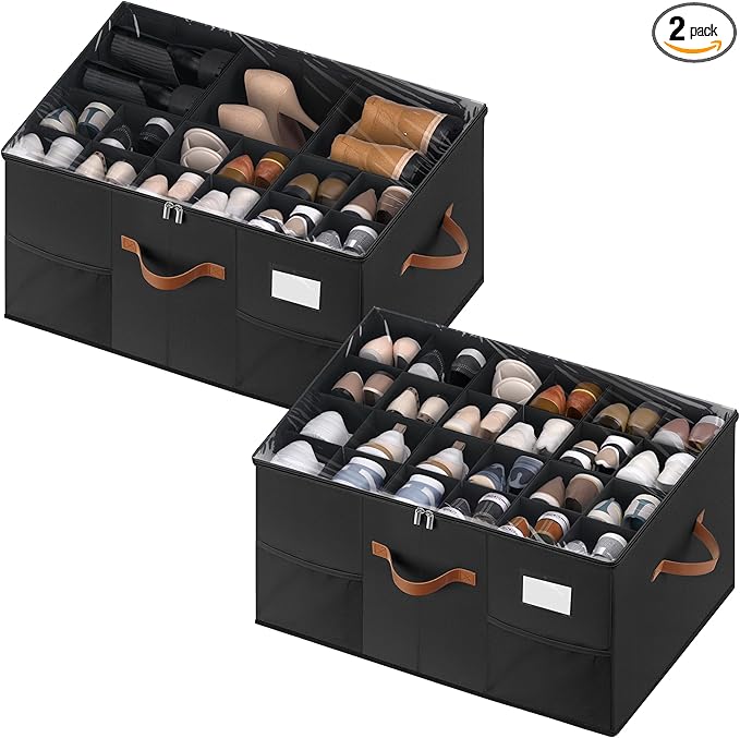 Shoe Organizer for Closet, 2 Pack Shoe Storage Containers with Adjustable Dividers, Space Saving Shoe Box Storage Organizers Bins with Clear Lid & 4 Handles, Fits 24-48 Pairs, Black