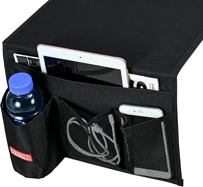 Falaku Bedside Caddy, 4 Pockets Bedside Organizer Caddy Under Mattress,Holds Water Bottles,Magazines,Books (Classic 4 Pockets-Black)