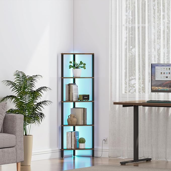 TUTOTAK Corner Shelf with LED Light, 5-Tier Corner Bookshelf for Small Space, Narrow Display Corner Shelf Stand with Storage Rack, for Living Room, Bedroom, Rustic Brown BS05BB005L