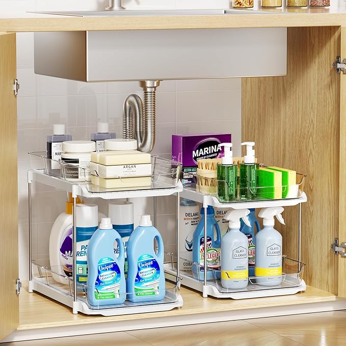 LAMU 2 Pack Bathroom Organizers and Storage, 2-Tier Stackable Under Sink Storage with Pull-Out Drawers & Dividers, Medicine Cabinet Organizer for Kitchen Pantry Organization
