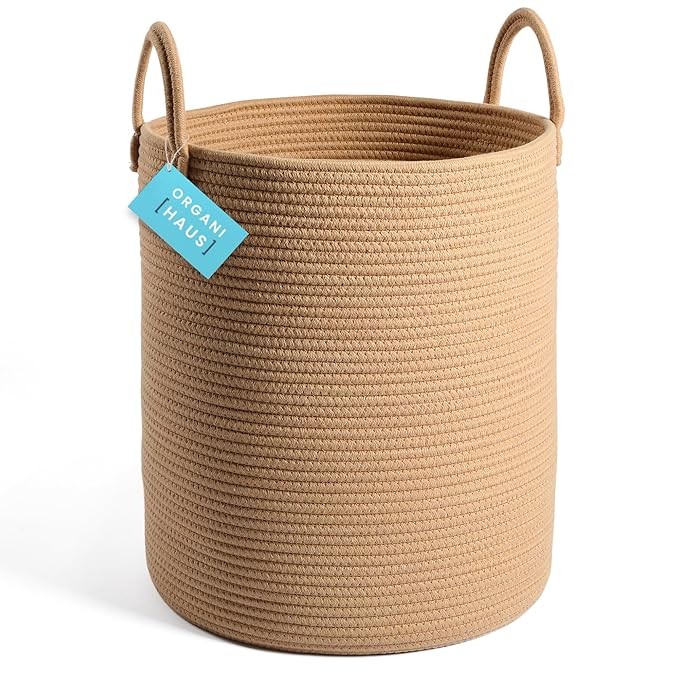 OrganiHaus Large Woven Laundry Basket w/Handles 52L, Rope Dirty Clothes Hamper, Blanket Basket for Living Room, Baby Laundry Hamper for Nursery, Soft & Durable Decorative Organizer Bin - Honey