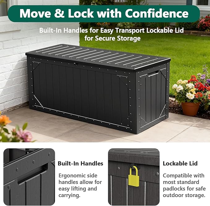 Outdoor Storage Box,100 Gallon Deck Box Outdoor Storage Bench Outside Waterproof Resin Storage Bench, Lockable Patio Cushions, Garden Tools Storage For Furniture, UV Resistant