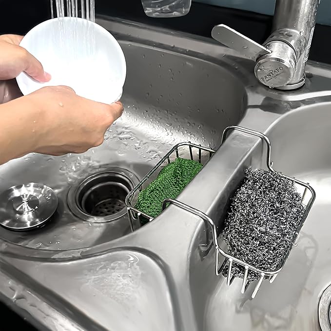 Stainless Steel Sponge Holder for Kitchen Sink - Never Rust Hanging Saddle Double for Soap Kitchen Sink Caddy 2.2 inch, Rustproof Organizer for Dishwashing and Brush Drying