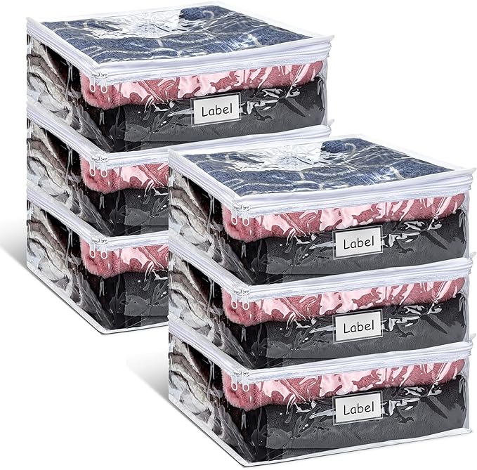 Hoolerry 6 Pieces Sweater Storage Bags Plastic Clear PVC Clothes Storage Bags with Zipper and Label for Blankets Clothes Closet Quilt Pillow Bed Sheet Organizer(23.6 x 19.7 x 9.8 Inch)