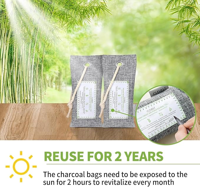 CLEVAST Activated Bamboo Charcoal Odor Absorber - 6 x 60g Air Purifying Bags Natural Fresh, Deodorizer and Moisture Eliminator for Home, Closet, Shoes, Car Air freshener Grey