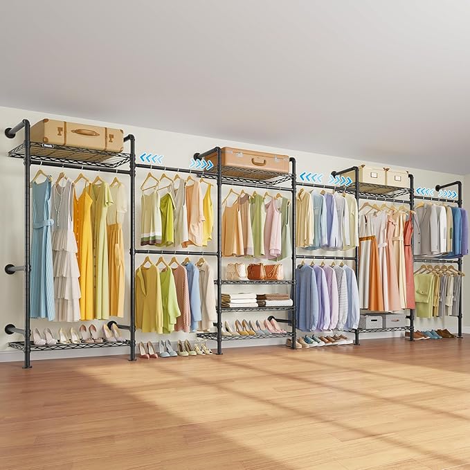 Timate F6 Wall Mounted Clothes Rack - Expandable Industrial Pipe Closet System, Heavy Duty Hanging Garment Rack, Closet Organizer & Storage Solution for Wardrobe, Bedroom,Walk-in Closets,Black