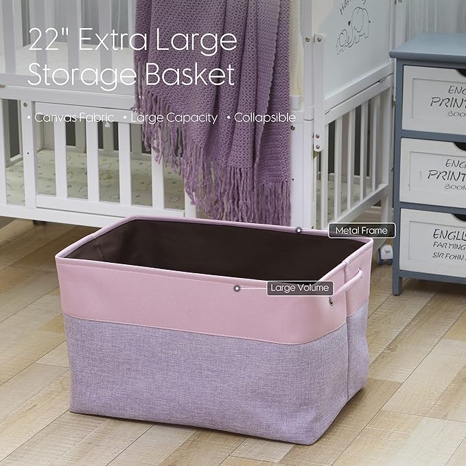 Sea Team 3-Pack Extra Large Storage Basket Set, Trunk Organizer, Clothes Toys Bin, 22 x 15 x 13 Inches, Rectangular Canvas Fabric Collapsible Shelf Box with Handles for Kids Room (Lavender/Orchid)